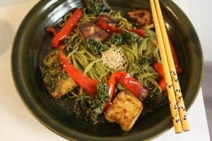 Green tea soba noodles with crispy kale and miso-lime sauce