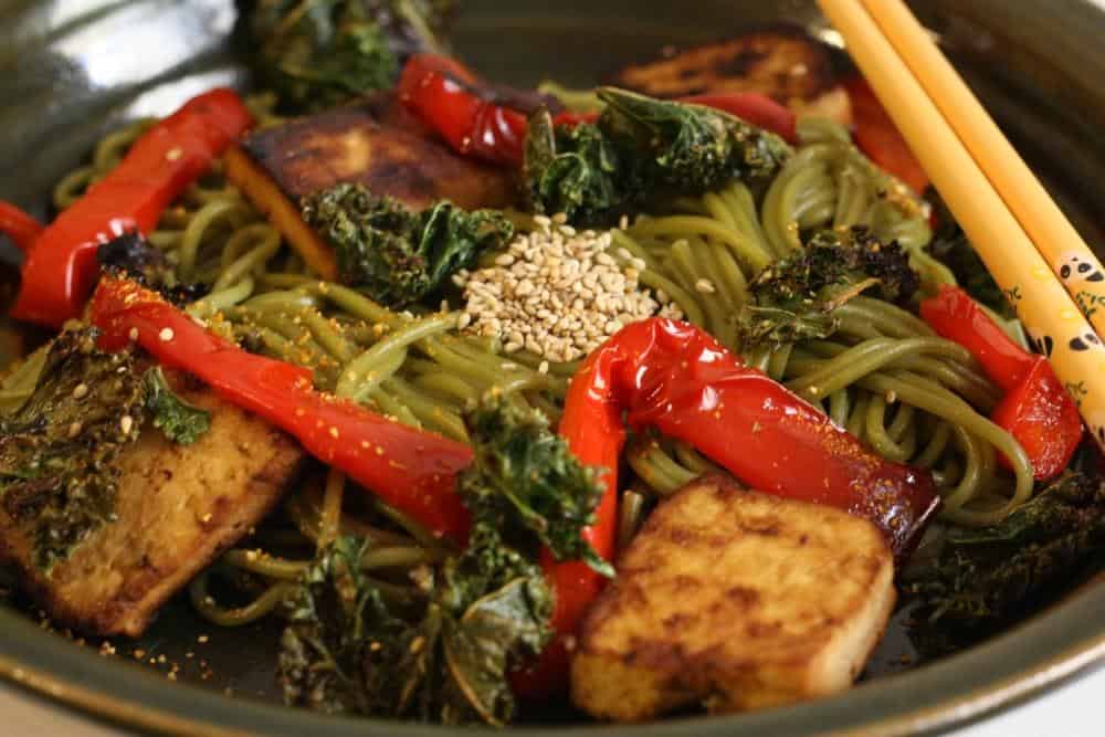 Green tea soba noodles with crispy kale and miso-lime sauce