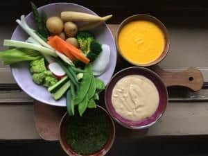 Veggie plate with cashew cheese, green sauce and carrot dipping sauces, Green Spot, Barcelona