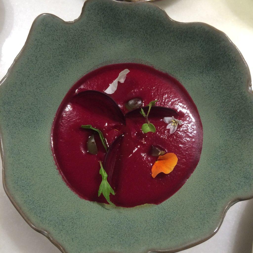 Beetroot gazpacho garnished with dehydrated beetroot slices and grapes, Celeri, Barcelona