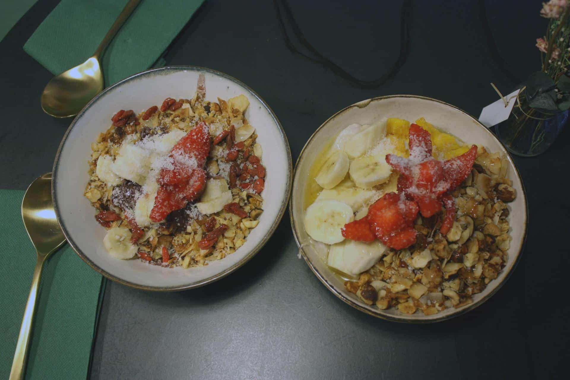 Acai bowl and vegan granola yoghurt bowl at Green & Berry, Barcelona