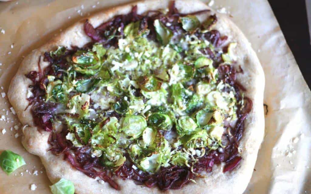 Brussels sprouts pizza with caramelised onions