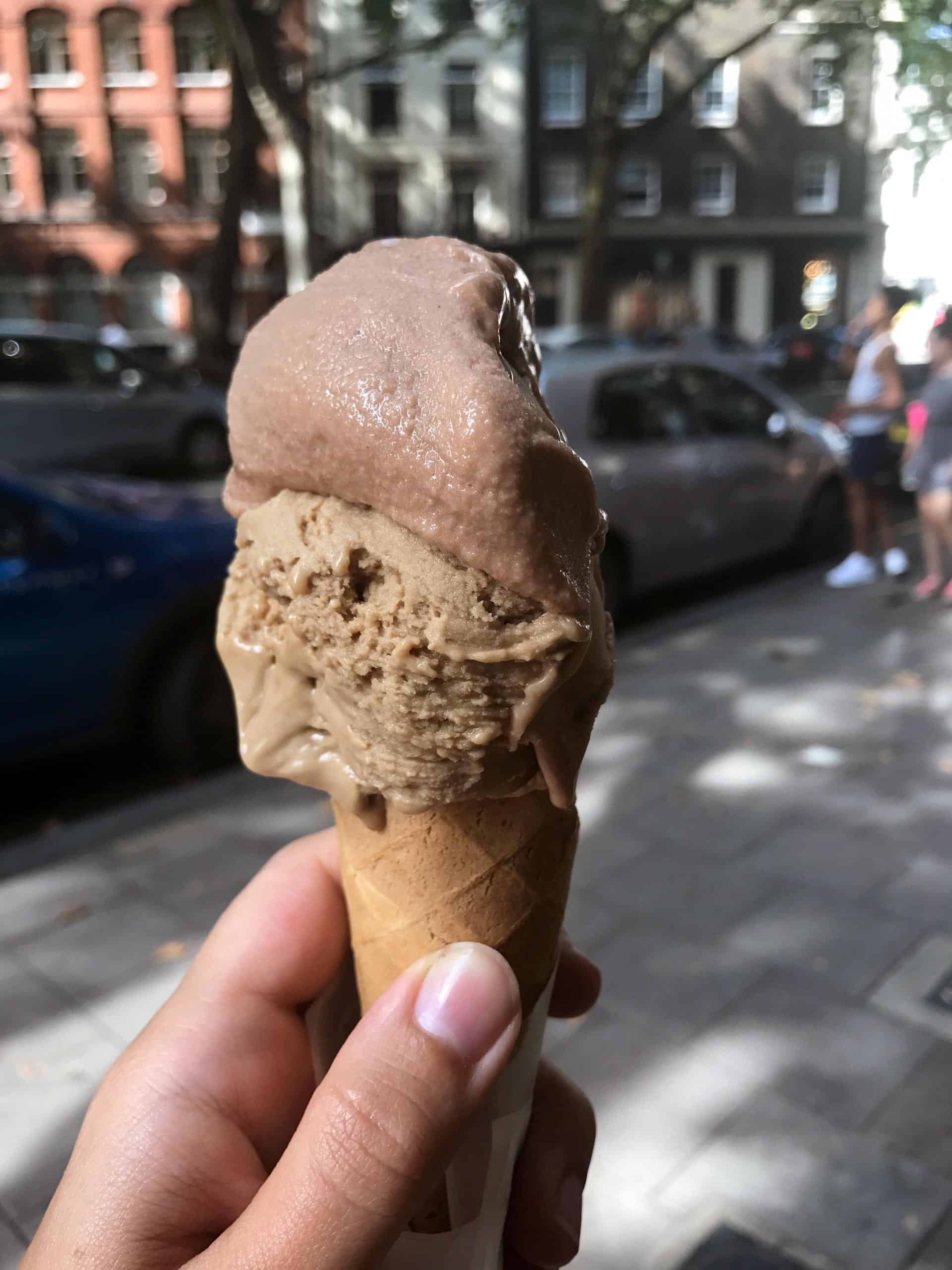 Vegan hazelnut coffee gelato and toasted almond gelato in a vegan cone, Prime Gelato, Shaftesbury Ave, London