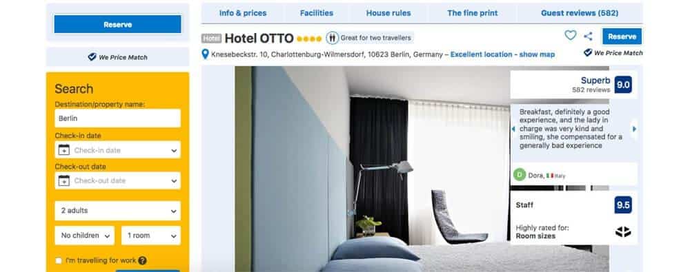 Screenshot of Hotel Otto booking page showing a room