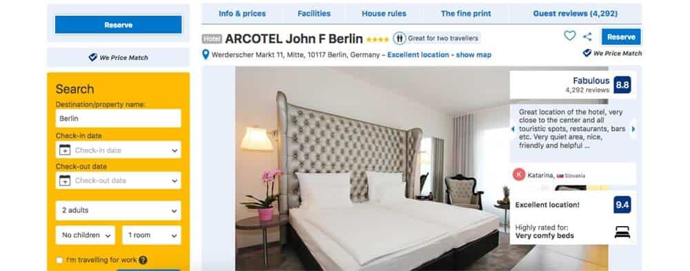 Screenshot of Archotel bokoing page showing bed