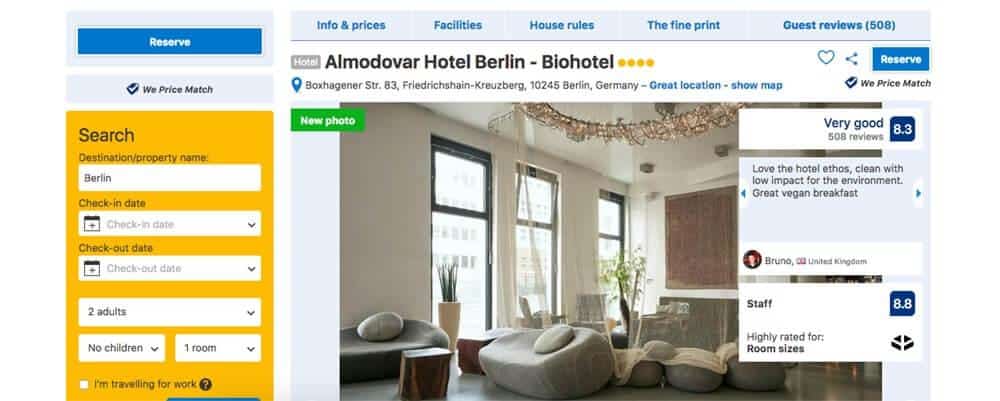 Screenshot of Almodovar Hotel booking page showing sofas in reception