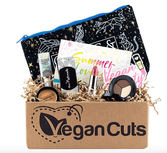 Vegan Cuts box containing makeup products such as lipstick and an eyeshadow palette