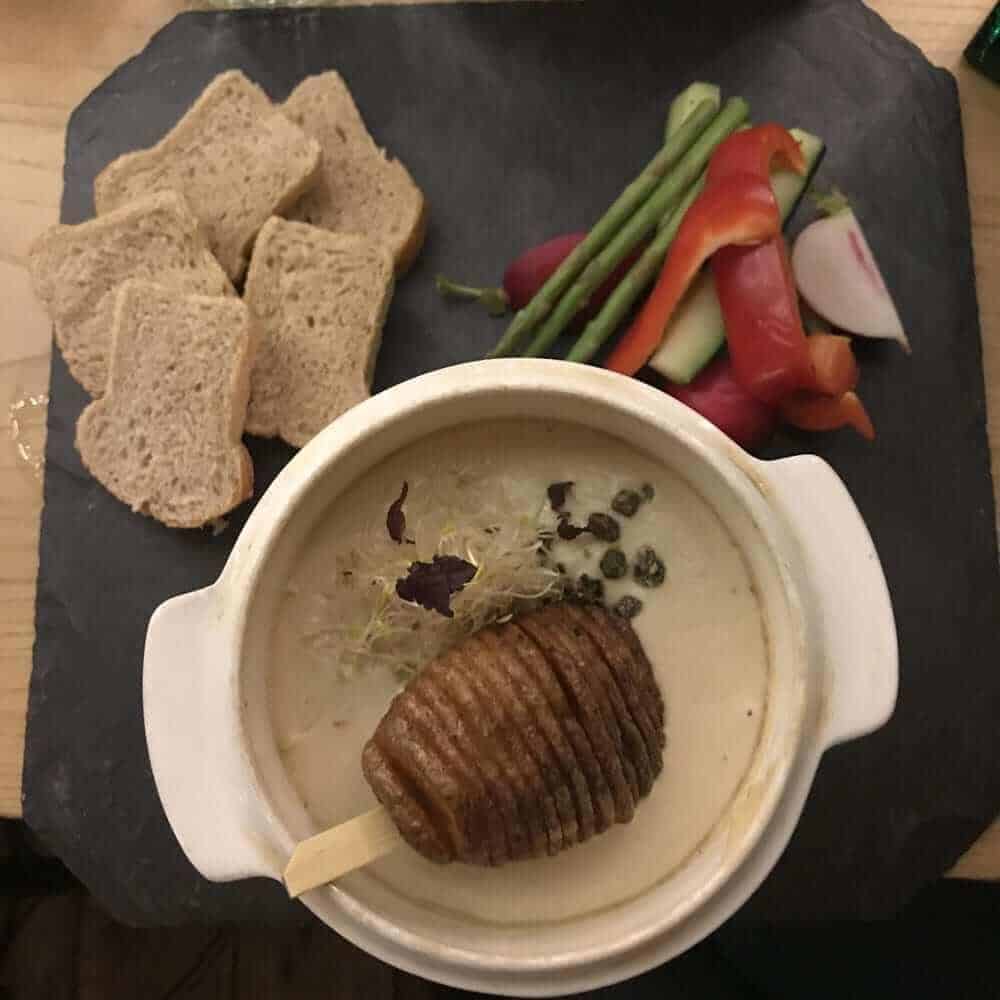Vegan fondue at Mr & Mrs Watson vegan restaurant, Amsterdam