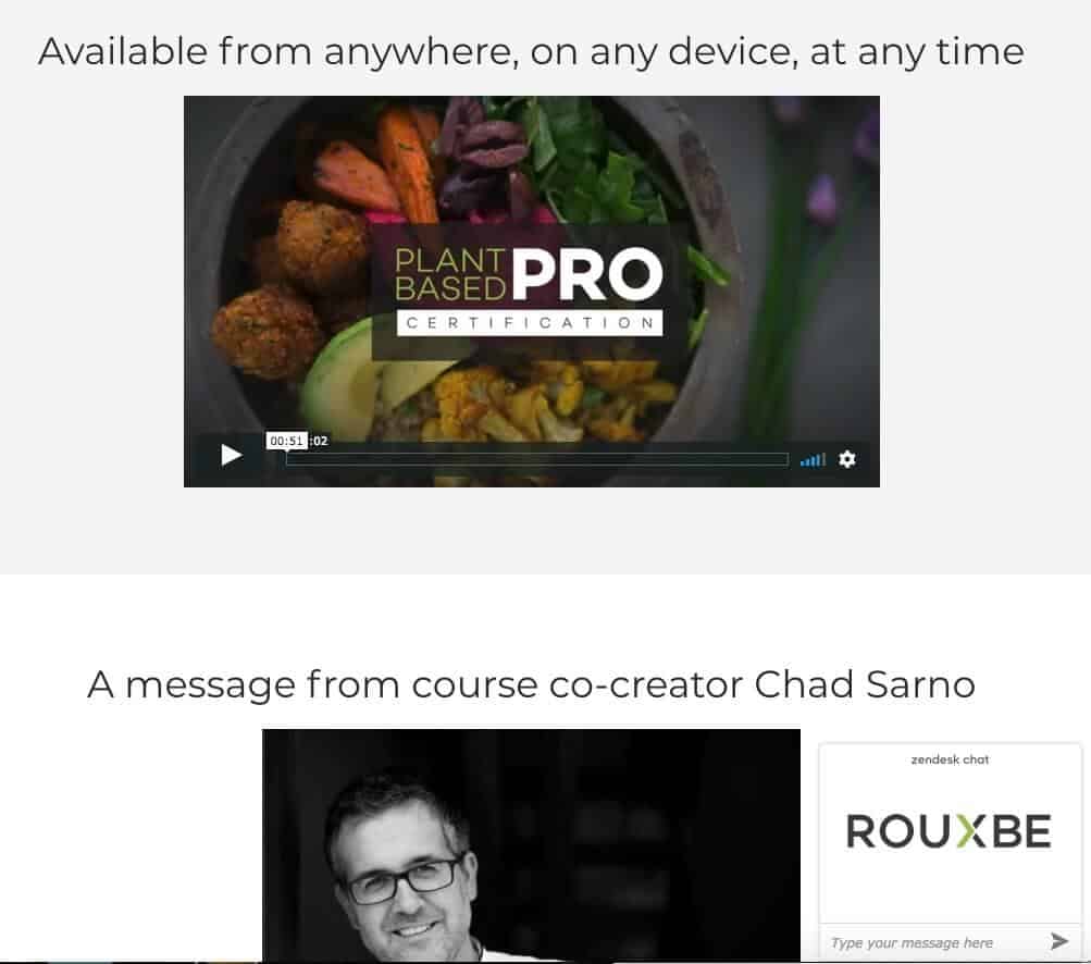 Screenshot of Rouxbe online plant based professional certification course page showing bowl of falafel and veggies, and instructor Chad Sarno's headshot