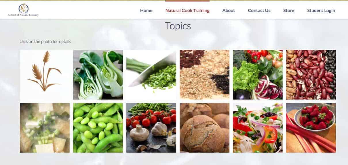 Screenshot of Online vegan cooking classes at the School of Natural Cookery page showing array of colourful veggies