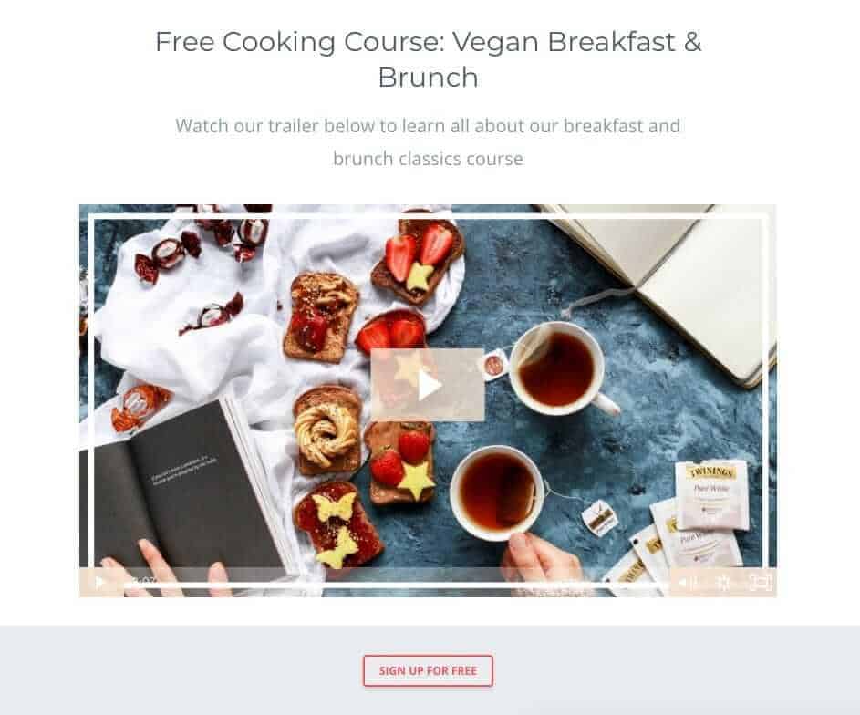 Screenshot of Free vegan cooking class - breakfast and brunch page, showing two cups of tea and toast with different toppings