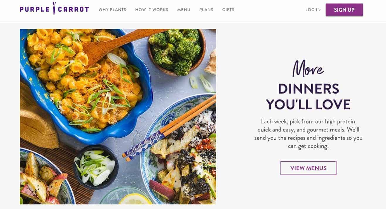 Screenshot of Purple Carrot meal kits vegan site showing a dish of pasta, broccoli and bowls of vegetables with rice