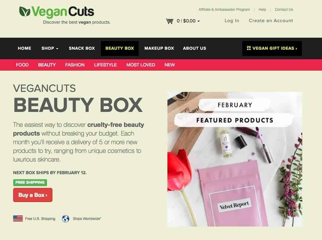 Screenshot of vegan cuts beauty box site showing flowers and makeup