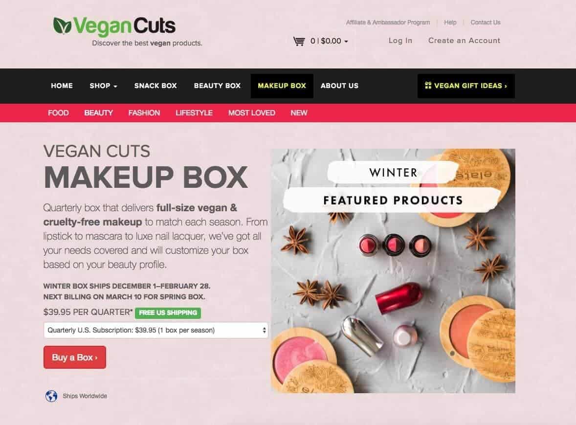 Screenshot of vegan cuts makeup box showing lipstick, blush and star anise