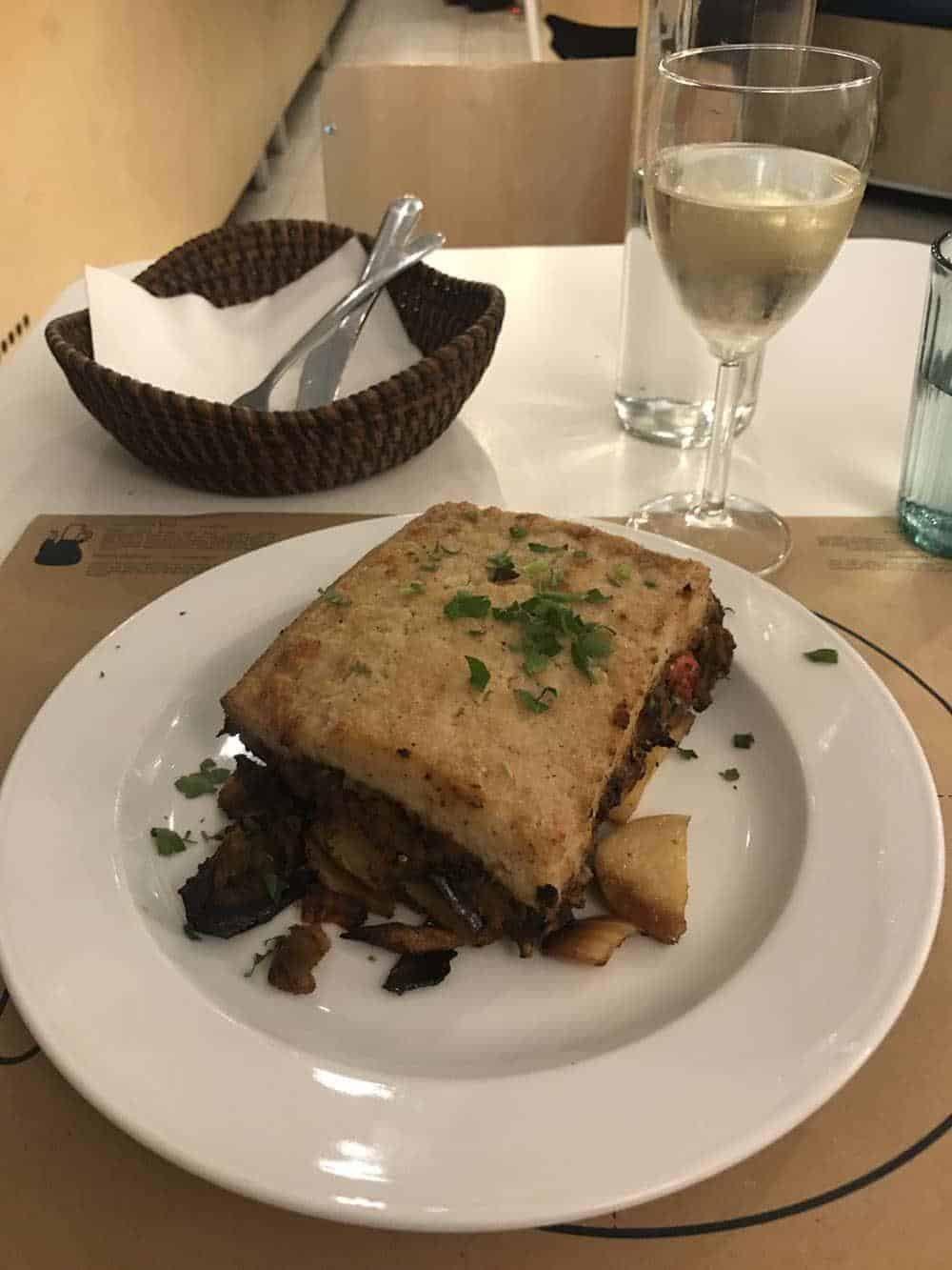 Vegan moussaka with coconut bechamel, Mama Tierra, Athens