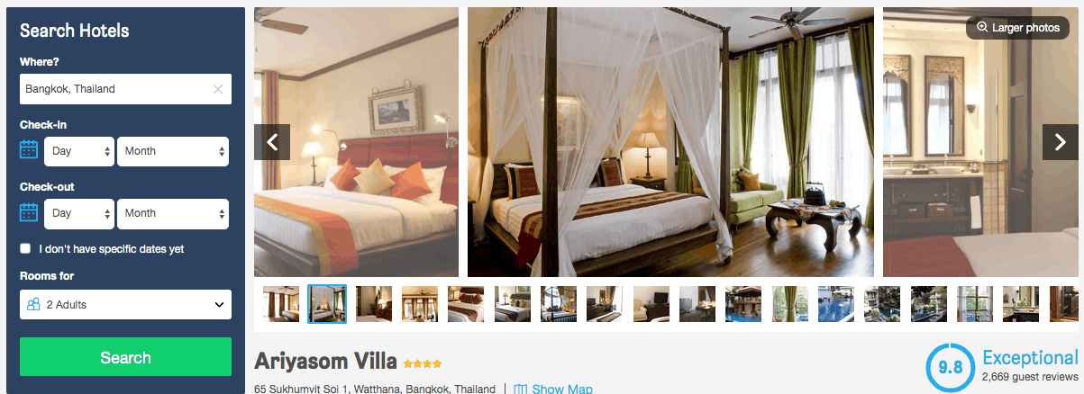 Screenshot of Ariyasom villa hotel page showing rooms