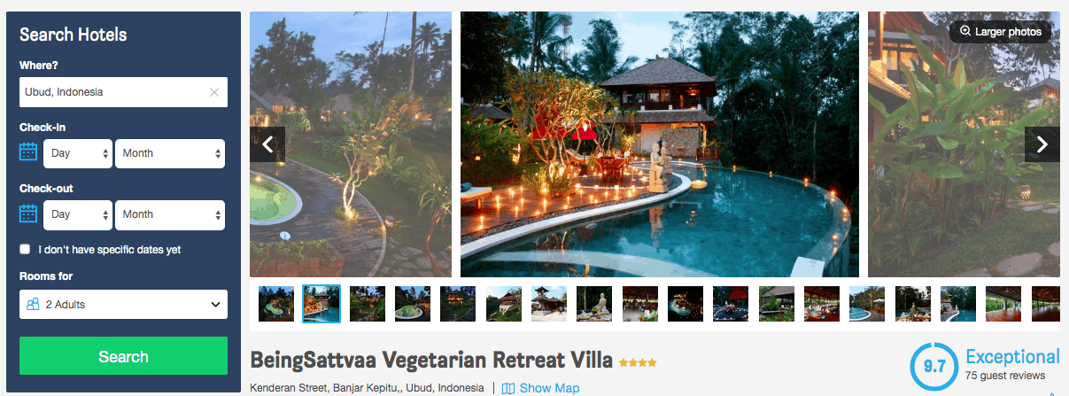 Screenshot of BeingSattvaa hotel page showing pool and grounds