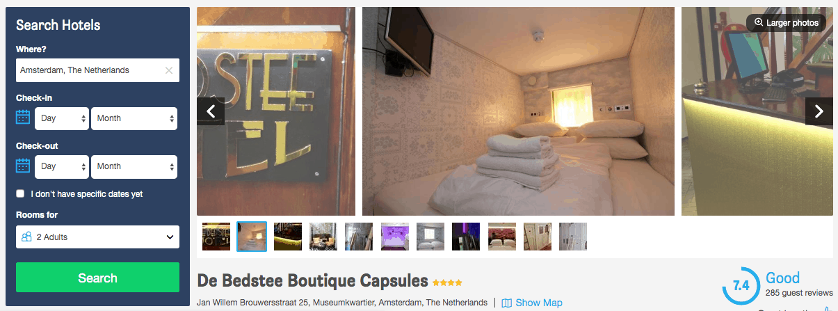 Screenshot of de Bedstee hotel page showing capsule room