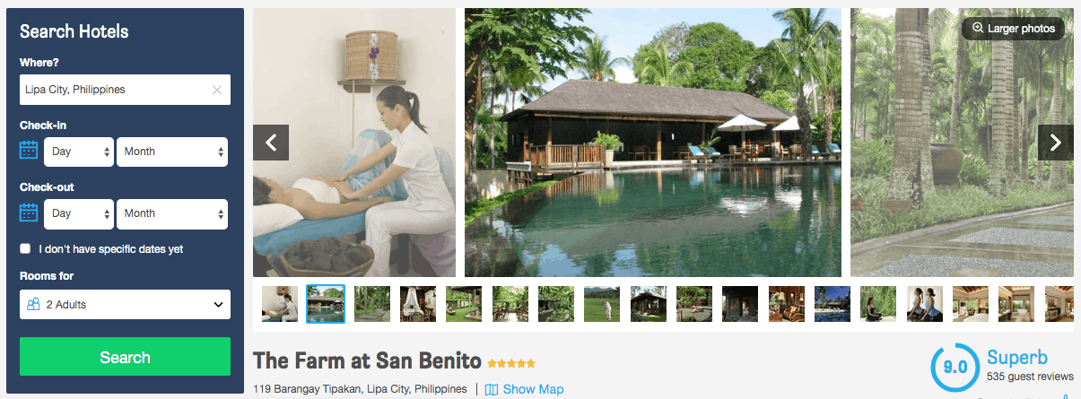 Screenshot of the Farm at San Benito page showing pool and a treatment room