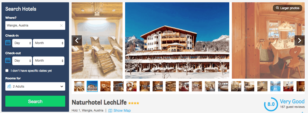 Screenshot of Naturhotel hotel page showing exterior
