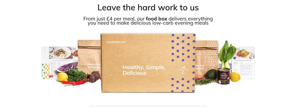 Screenshot of healthy meal delivery uk - mindful chef page, showing box and veggies