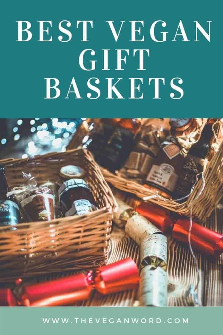 Pinterest image showing gift baskets and Christmas crackers plus fairy lights