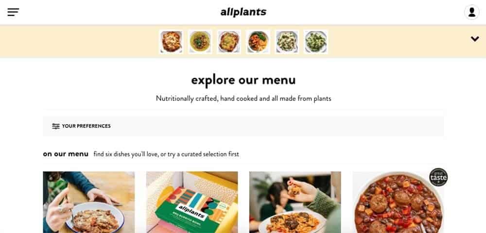 Screenshot of vegan meal delivery uk - allplants page showing bowls of food and packaging