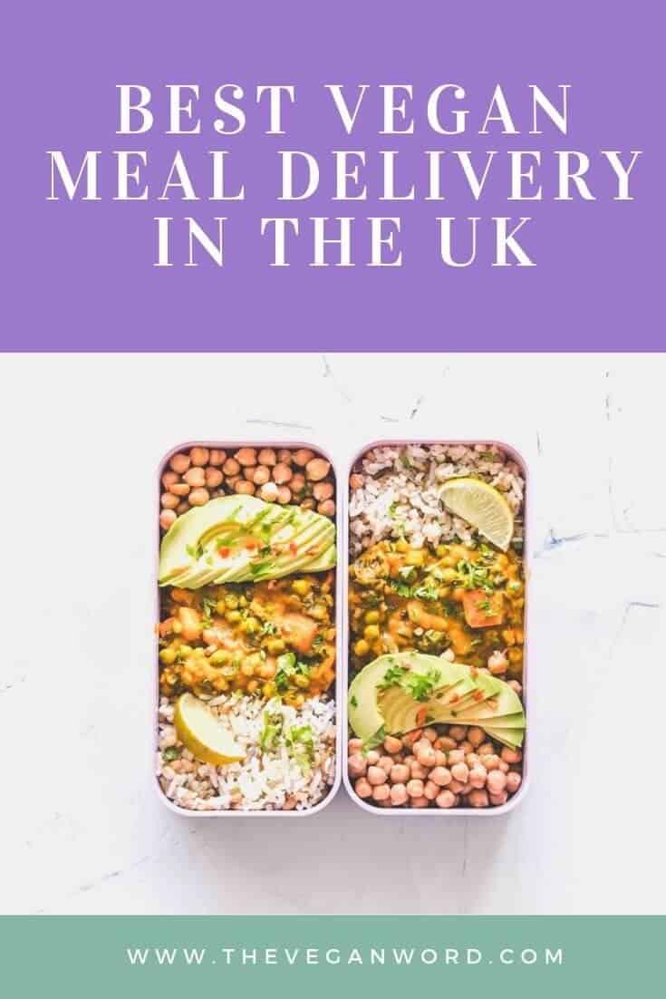 Pinterset image showing two tupperware containing chickpeas and rice, and text saying the best vegan meal delivery services in the UK