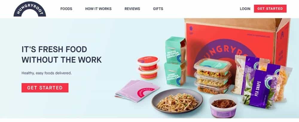 Screenshot of Hungry Roots site showing a box and in front of it, stacked tubs and bags of ingredients