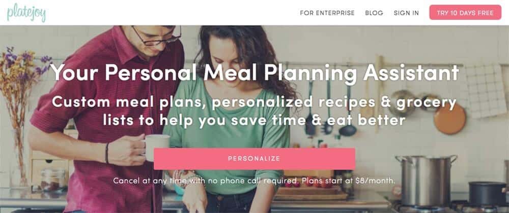 Screenshot of PlateJoy site showing a couple cooking together