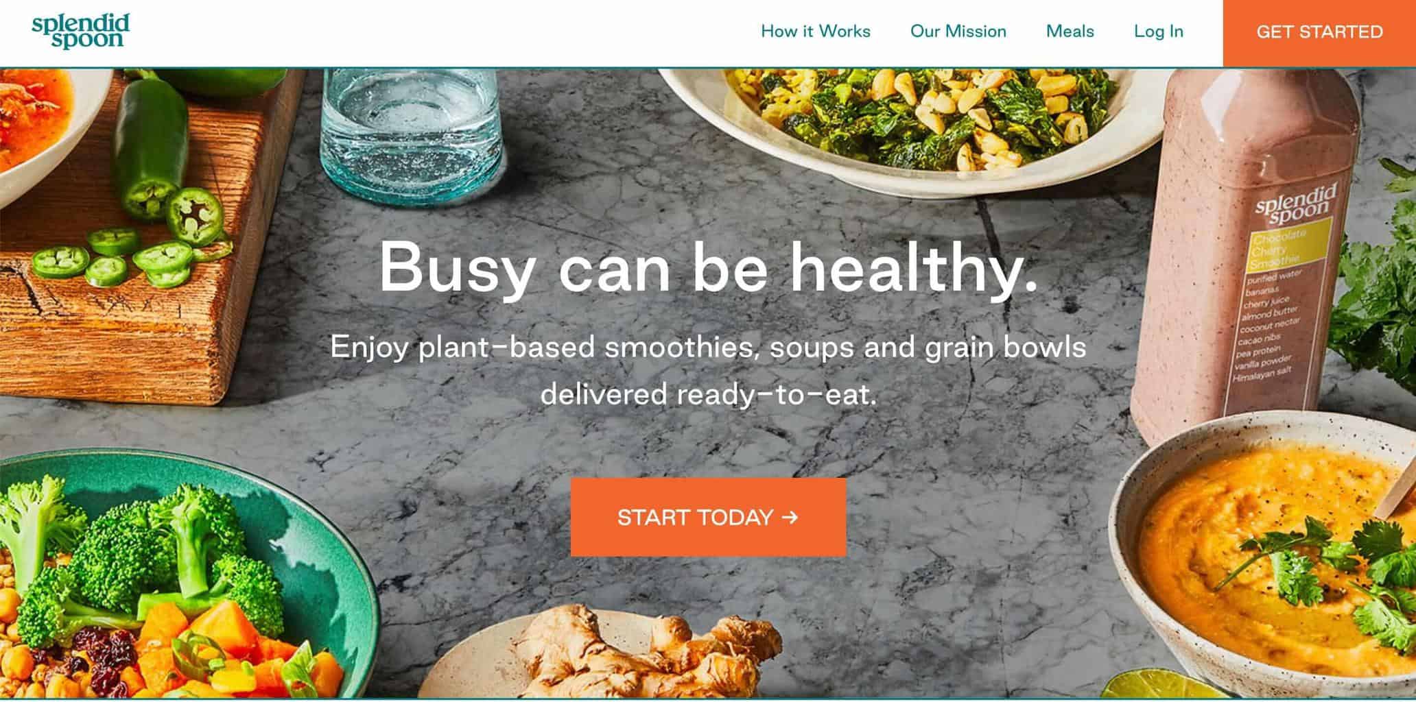 Screenshot of Splendid Spoon website showing table with smoothie, veggie bowls and dip on it