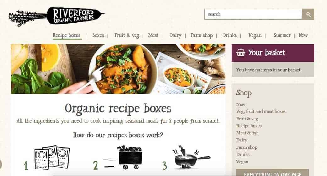 Screenshot of vegan organic meal delivery uk - riverford's page showing a bowl of sweet potateos and a chopping board