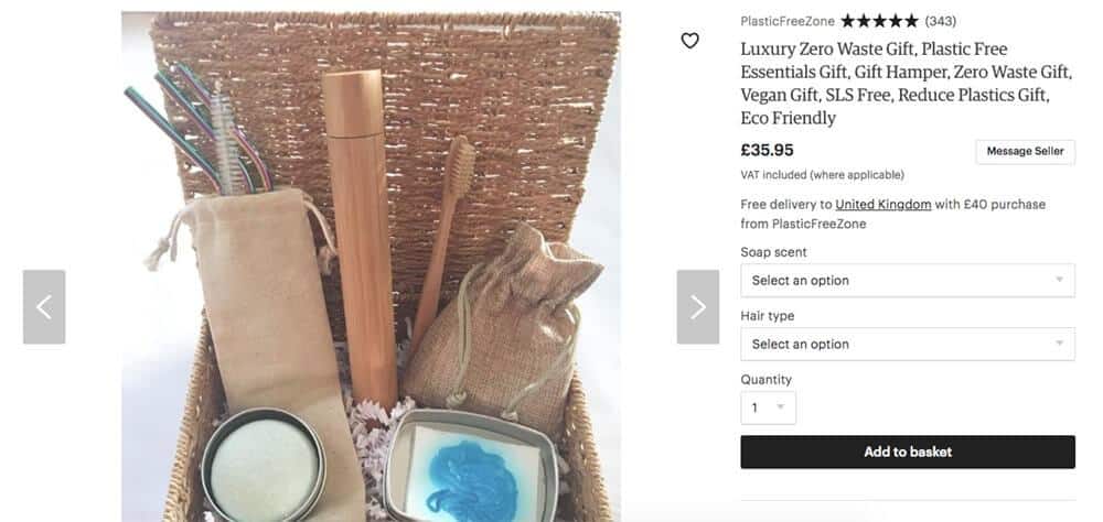 Box containing zero waste vegan soap, deodorant, bamboo toothbrush, metal straws