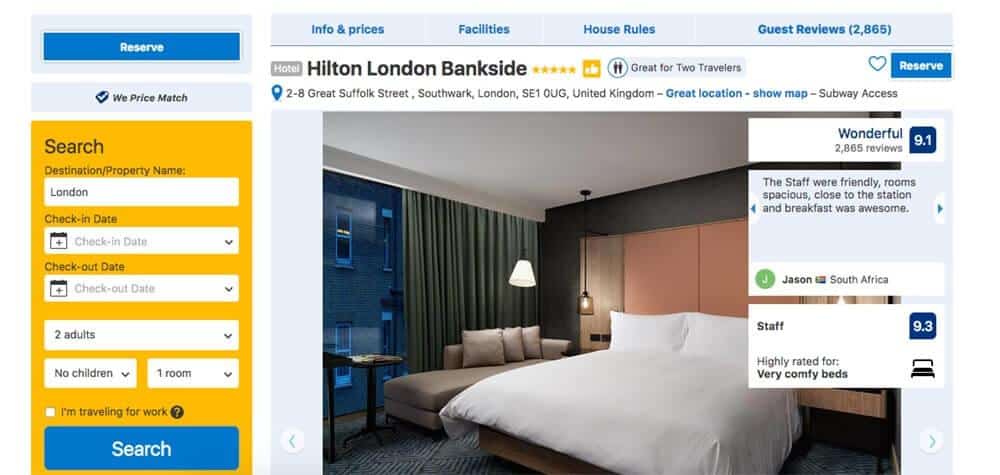Screenshot of Hilton booking page, showing large bed with sofa next to it