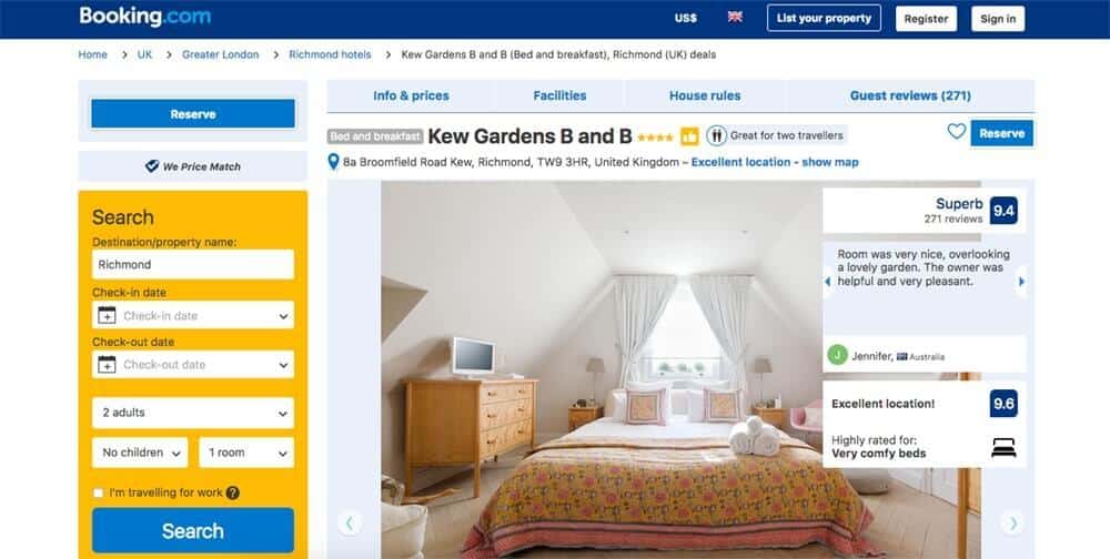 Screenshot of hotel booking site showing a room with bed and TV