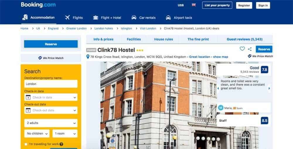Screenshot of hotel booking site showing exterior of hostel