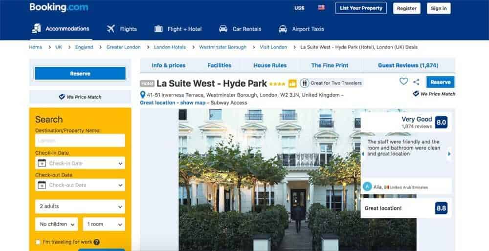 Screenshot of hotel booking site showing exterior of hotel