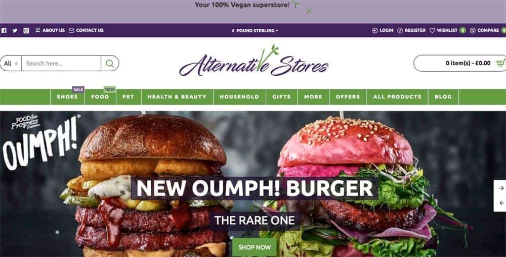 Screenshot of the Alternative Stores site showing burgers