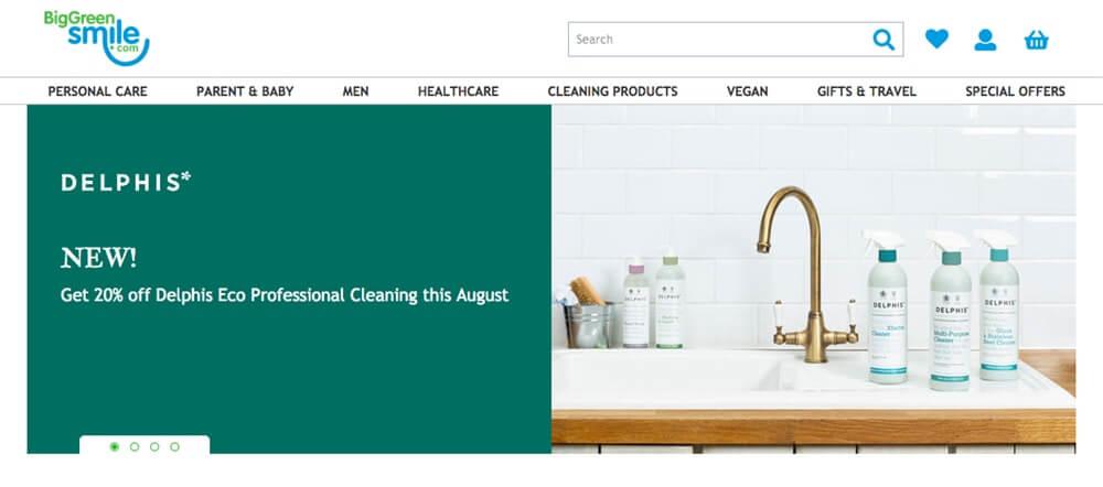 Screensoht of Big Green Smile site showing a sink with cleaning products on the side