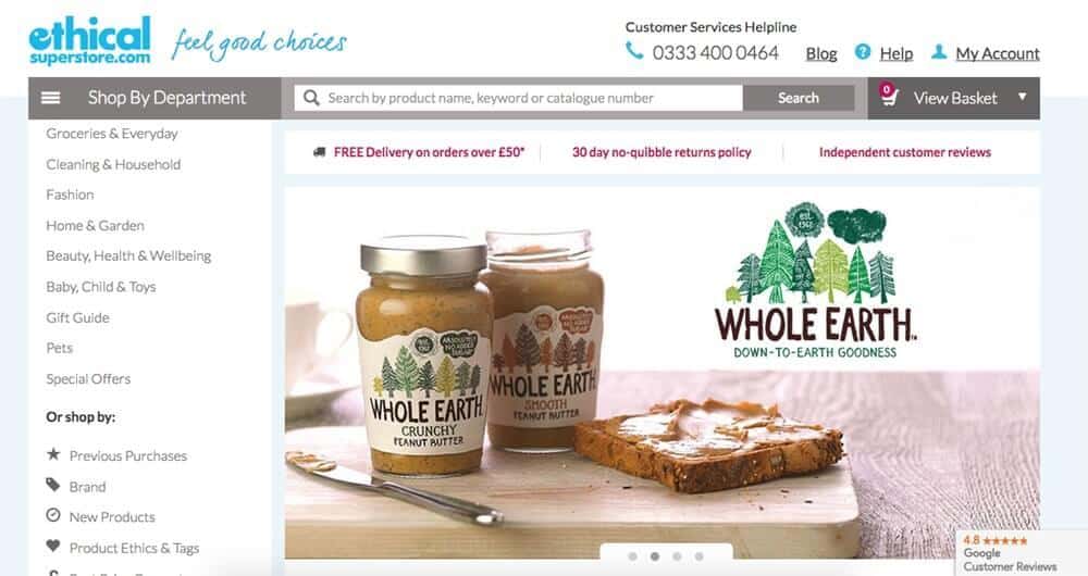 Screenshot of Ethical superstore site showing peanut butter jars and peanut butter on toast