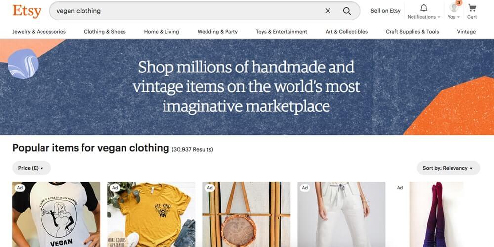 Screenshot of Etsy page showing tshirts, a bag and jeans