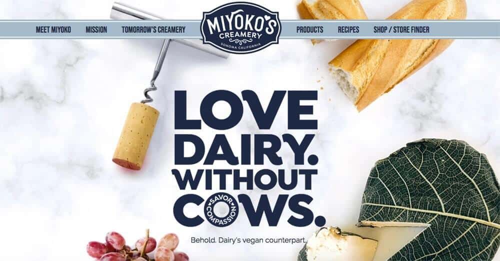Screenshot of Miyoko's site showing cheese, bread and grapes