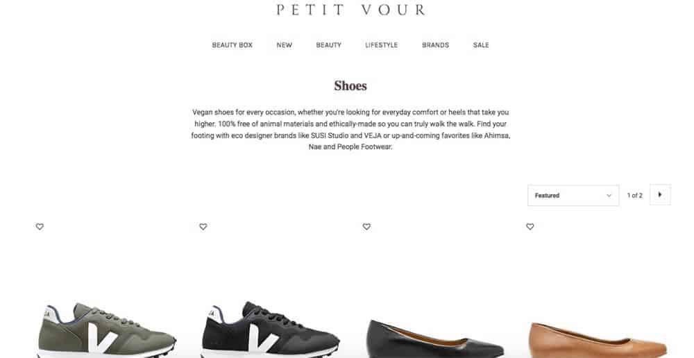 Screenshot of Petit Vour page showing shoes