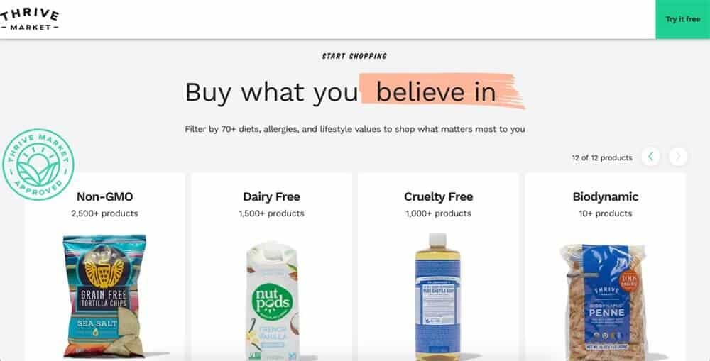 Screenshot of Thrive Market site showing nut milk, tortilla chips, soap and penne pasta