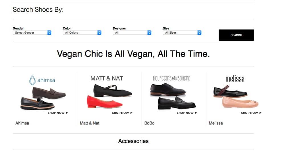 Screenshot of Vegan Chic site showing different styles of shoes