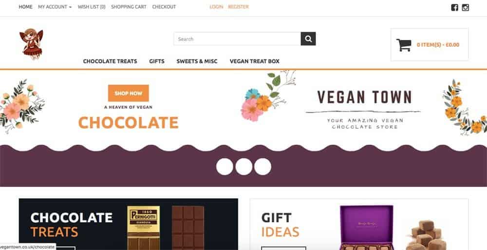 Screenshot of Vegan Town page showing chocolates