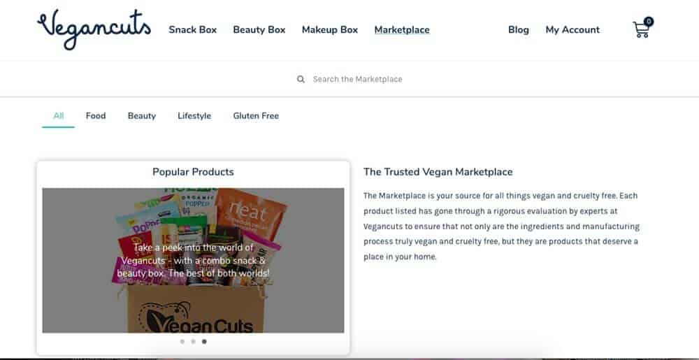 Screenshot of Vegancuts site showing a box full of snacks