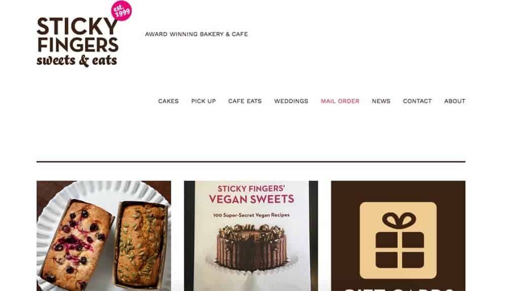 Screenshot of Sticky Fingers site showing cakes and a cookbook