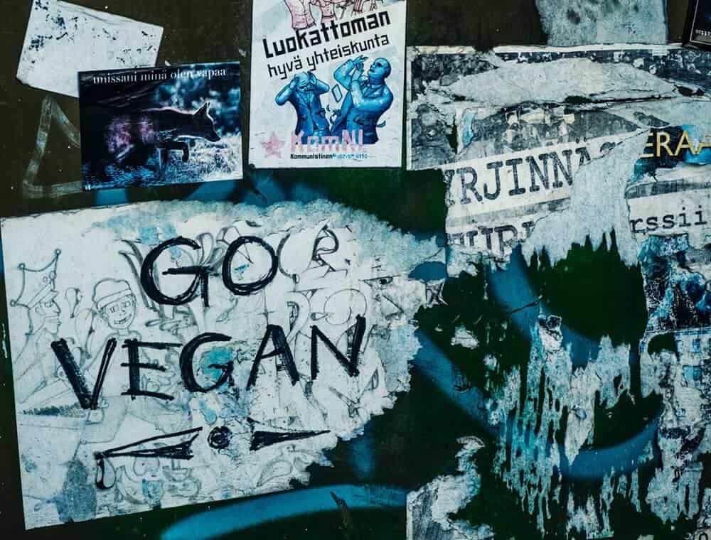 Wall covered in stickers, including one that says "Go vegan"