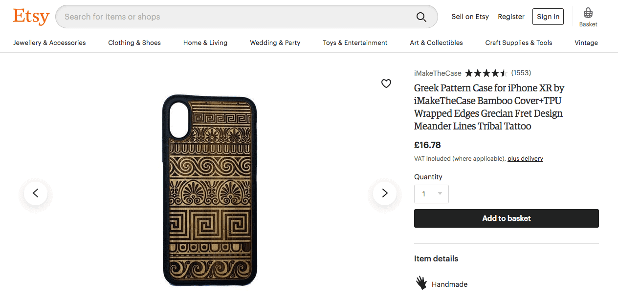 Phone case with geometric designs in black and tan